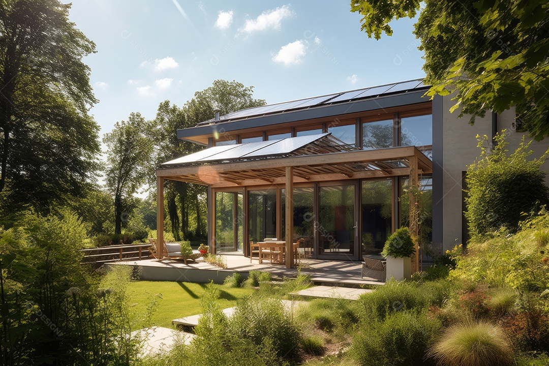 Casa solar cercada por uma natureza verde exuberante e energia limpa.