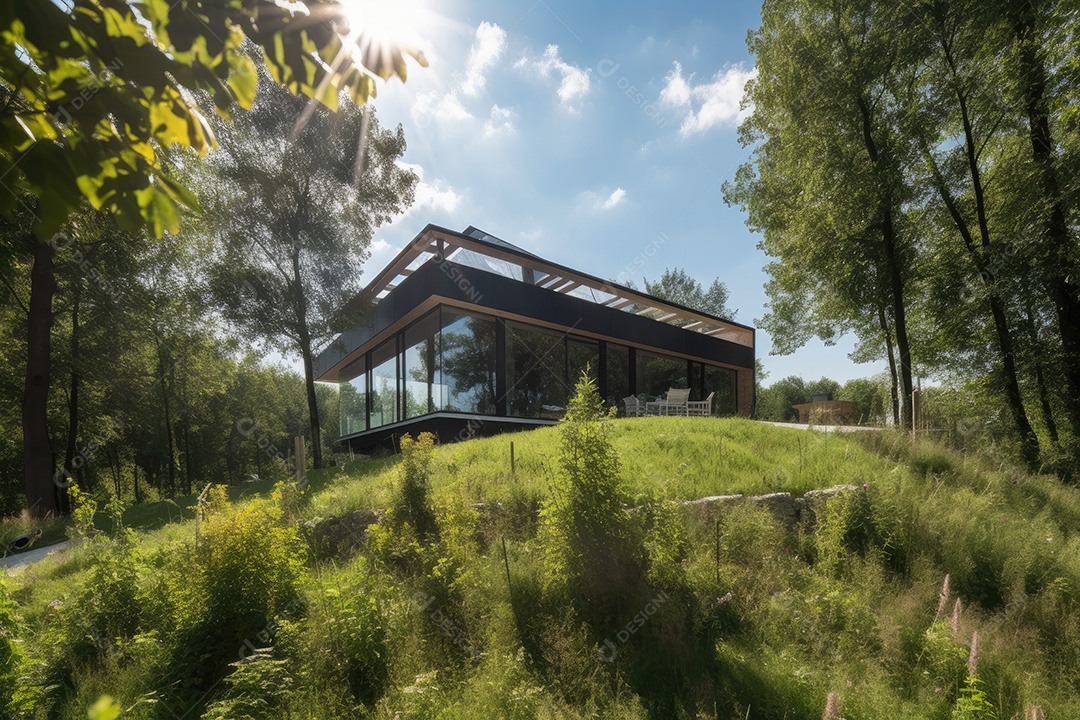 Casa solar cercada por uma natureza verde exuberante e energia limpa.