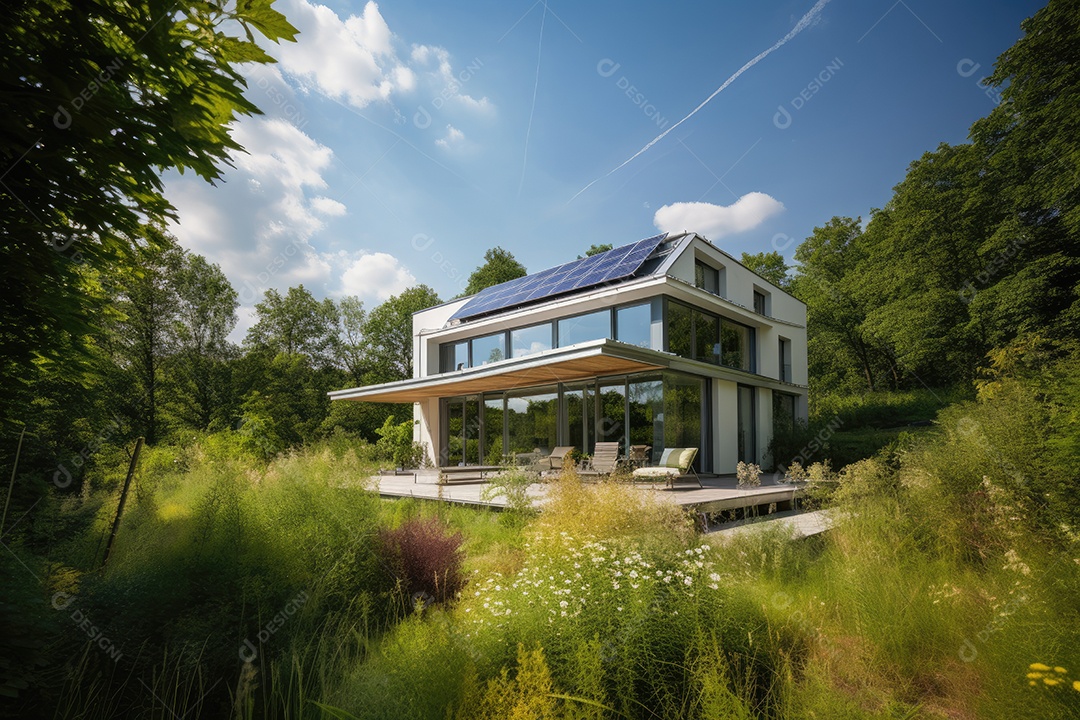 Casa solar cercada por uma natureza verde exuberante e energia limpa.