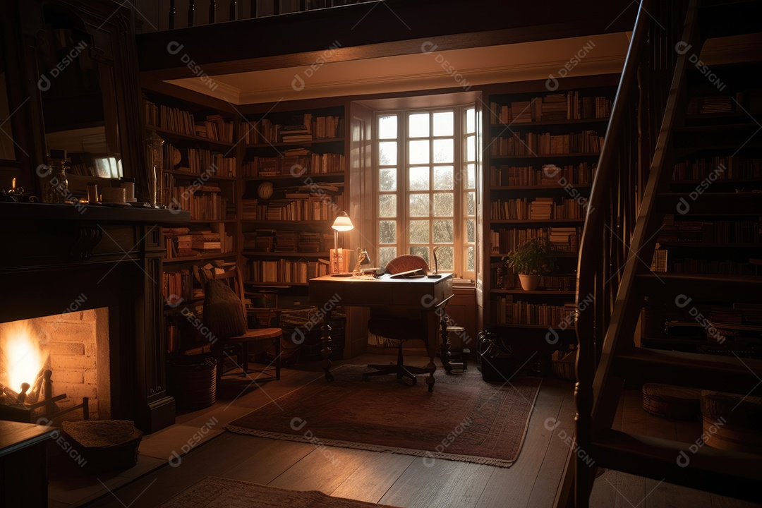 Biblioteca silenciosa, prateleiras cheias, luz suave