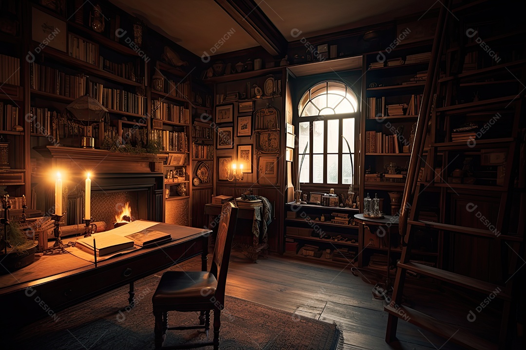 Biblioteca silenciosa, prateleiras cheias, luz suave