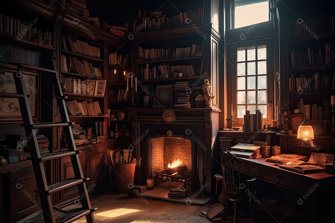 Biblioteca silenciosa, prateleiras cheias, luz suave