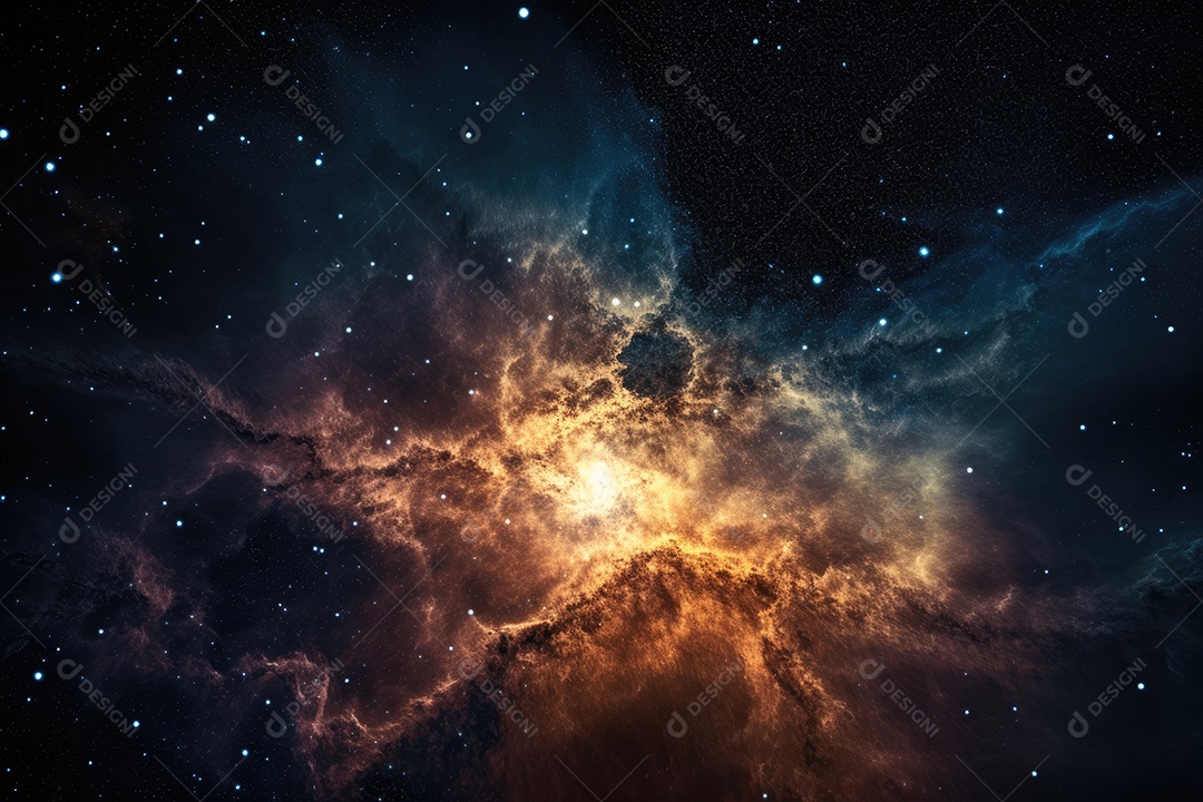 Explosão cósmica, formando galáxias e estrelas. Brilho e escuridão entrelaçados.