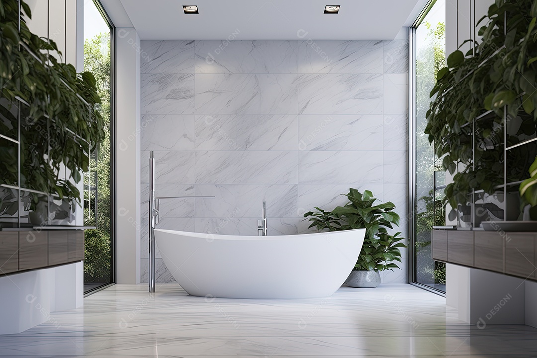 Banheiro moderno: minimalismo elegante, mármore, banheira independente, iluminação suave.