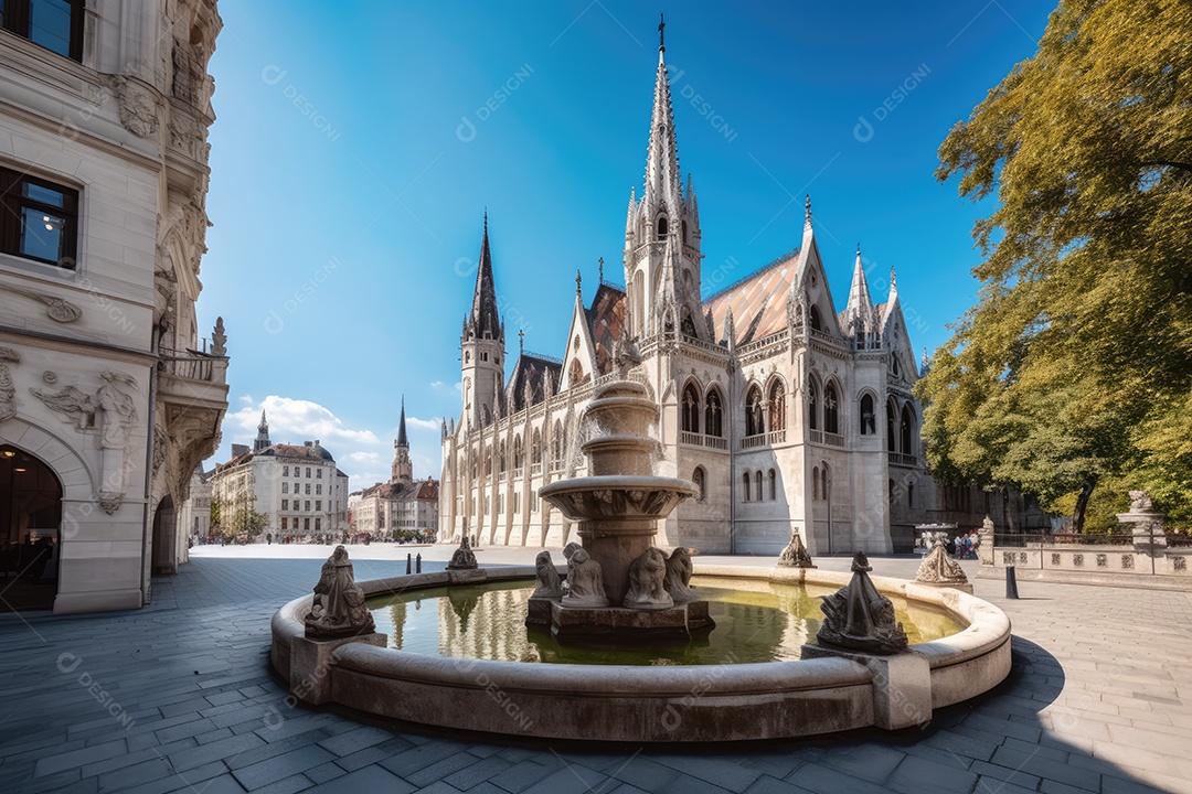Arquitetura gótica em praça histórica, vida e beleza.