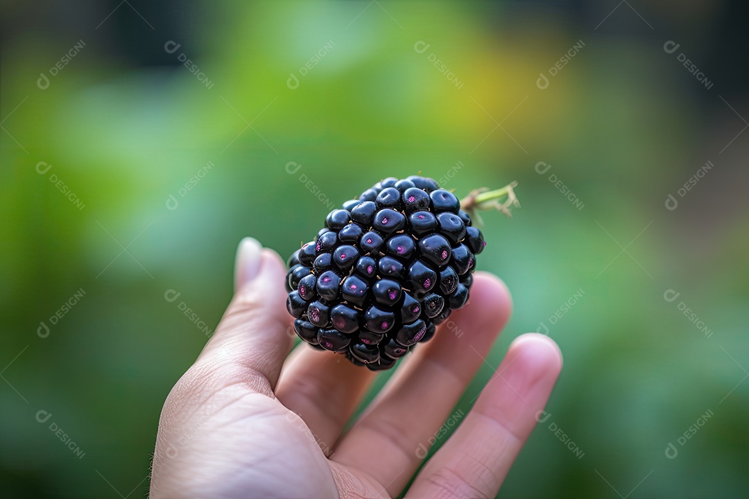 Amora-preta madura macia na mão, exibindo sementes.