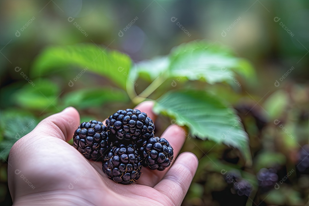 Amora-preta madura macia na mão, exibindo sementes.