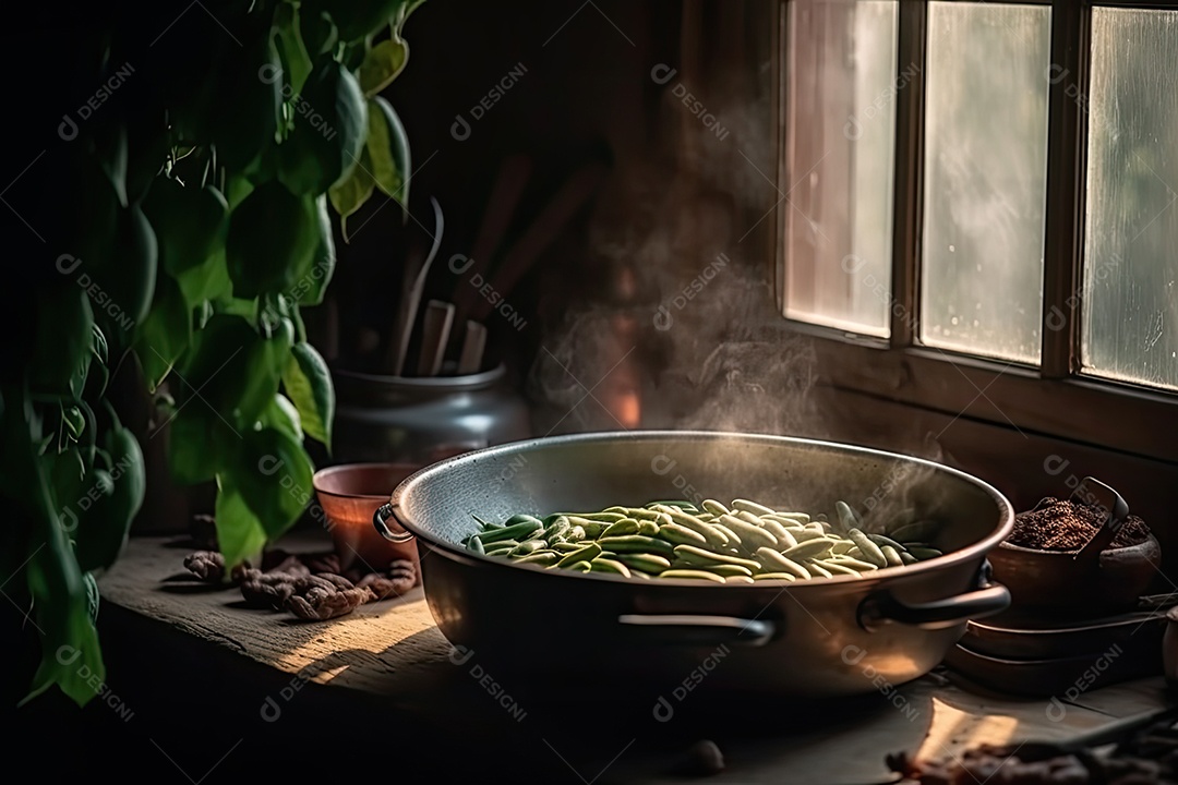 Feijão acabado de cozer na mesa com um toque dourado.