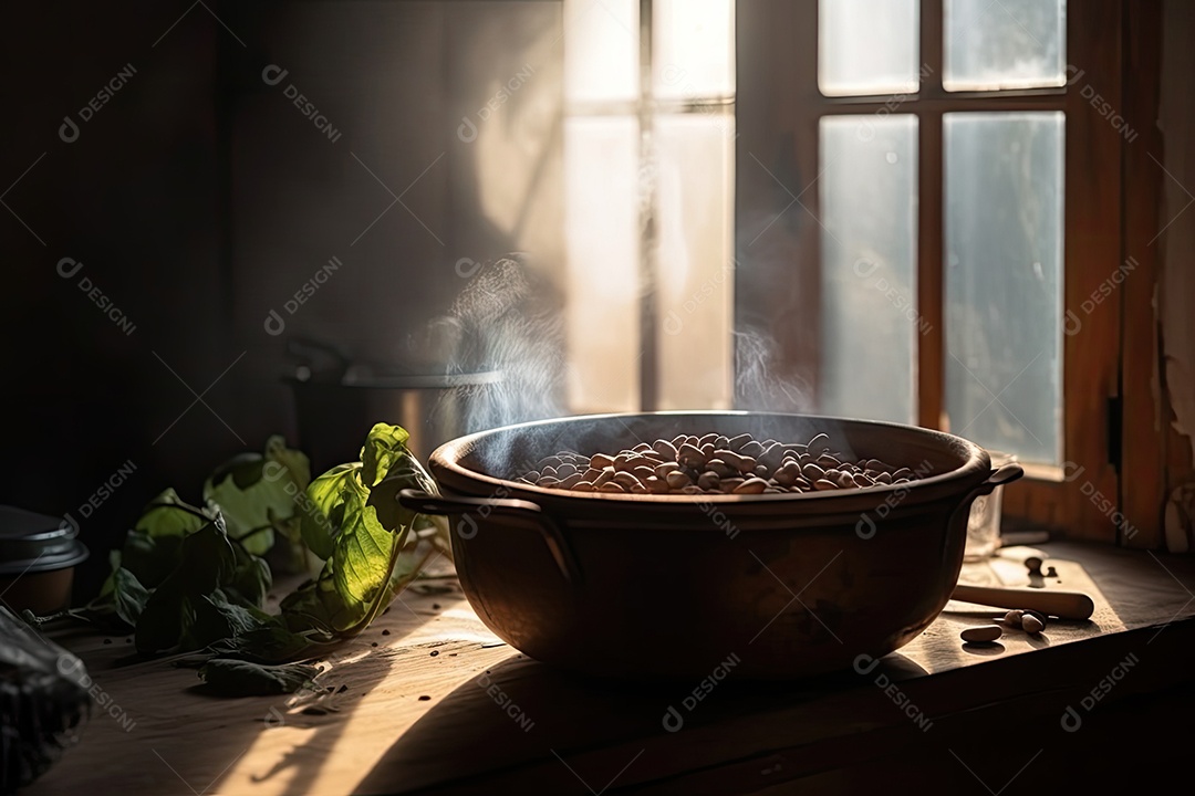 Feijão acabado de cozer na mesa com um toque dourado.