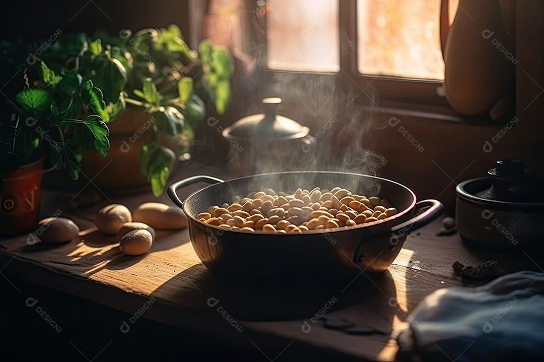 Feijão acabado de cozer na mesa com um toque dourado.