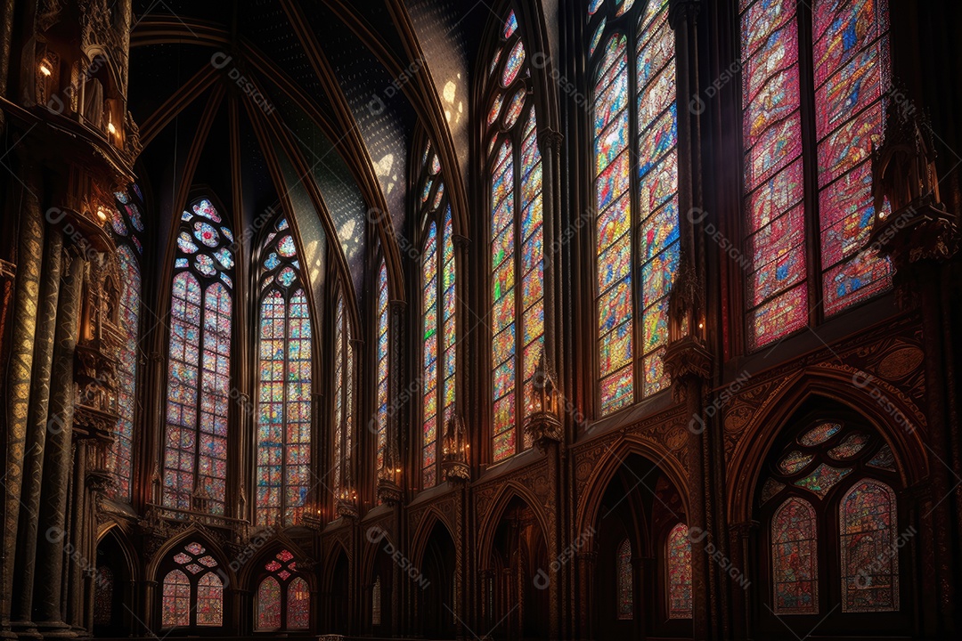 Catedral gótica imponente, luz suave e detalhes magníficos.