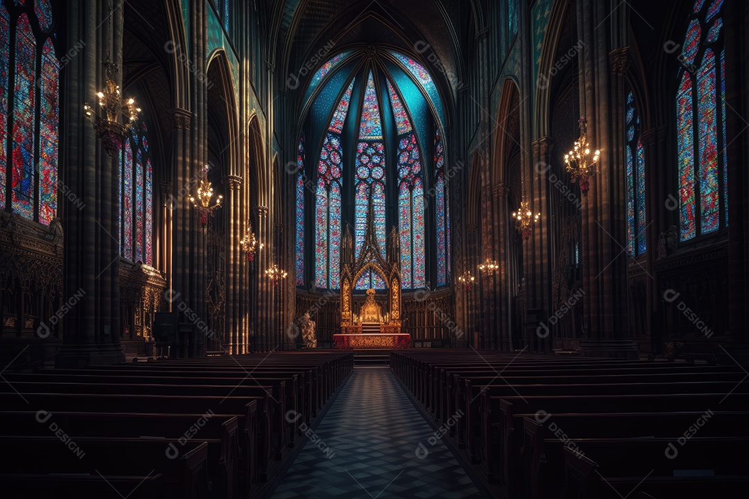 Catedral gótica imponente, luz suave e detalhes magníficos.