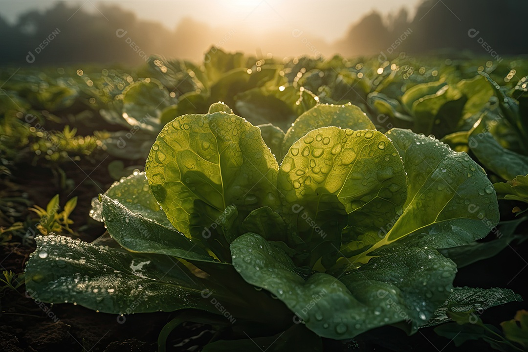 Alface exuberante brilha ao sol, cercada por folhas verdes exuberantes.