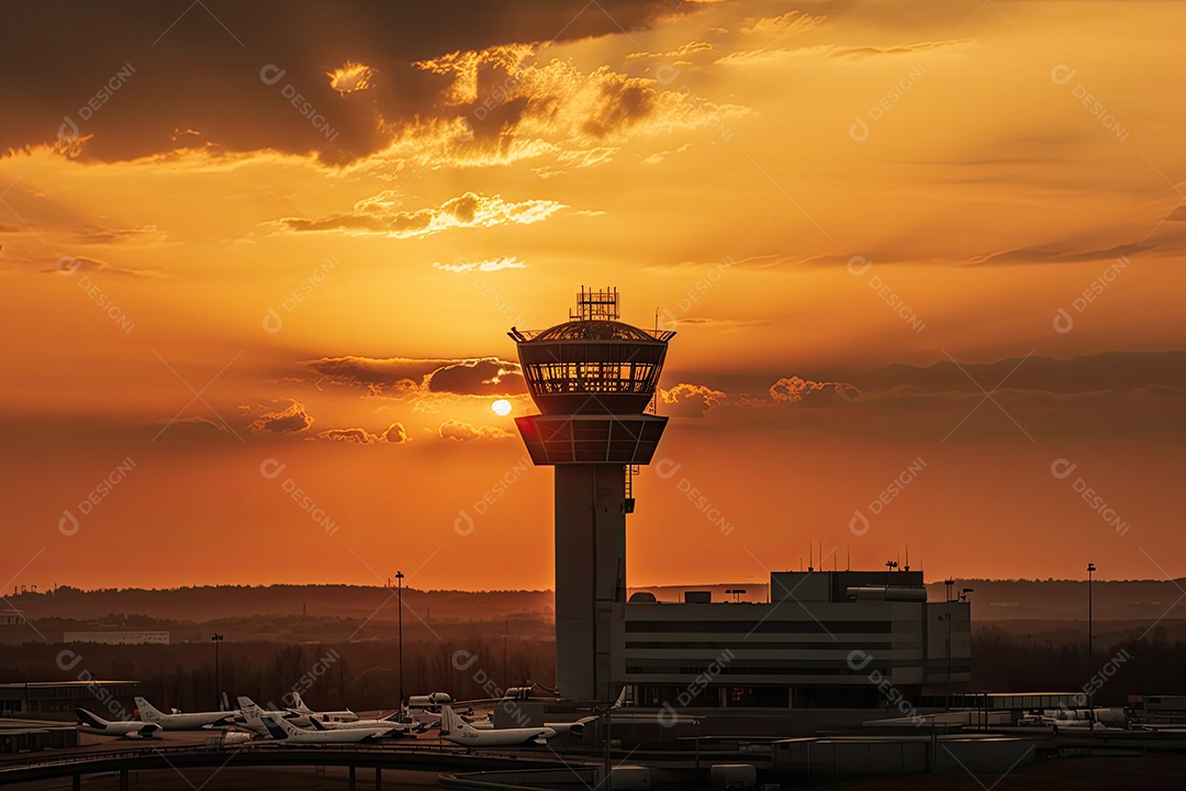 Aeroporto movimentado em harmonia sob o sol poente.