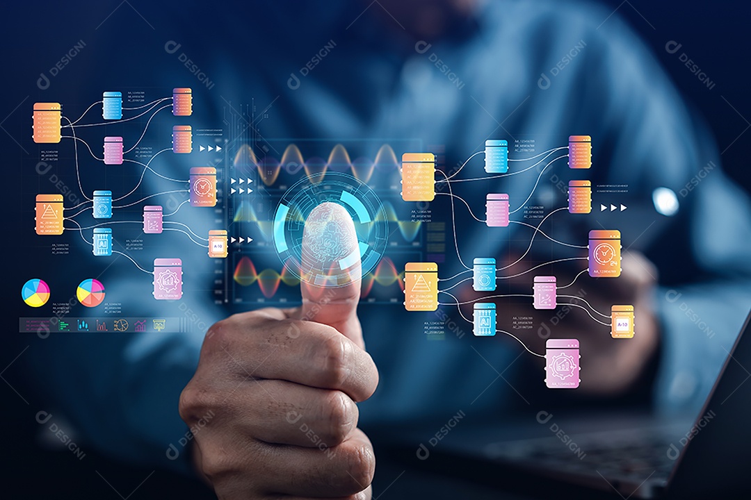 Homem de negócios que usa a tecnologia ai para análise de dados, geração de Inteligência Artificial.