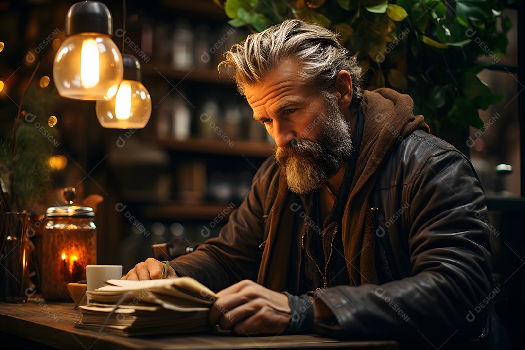 Homem escritor sentado lendo livro