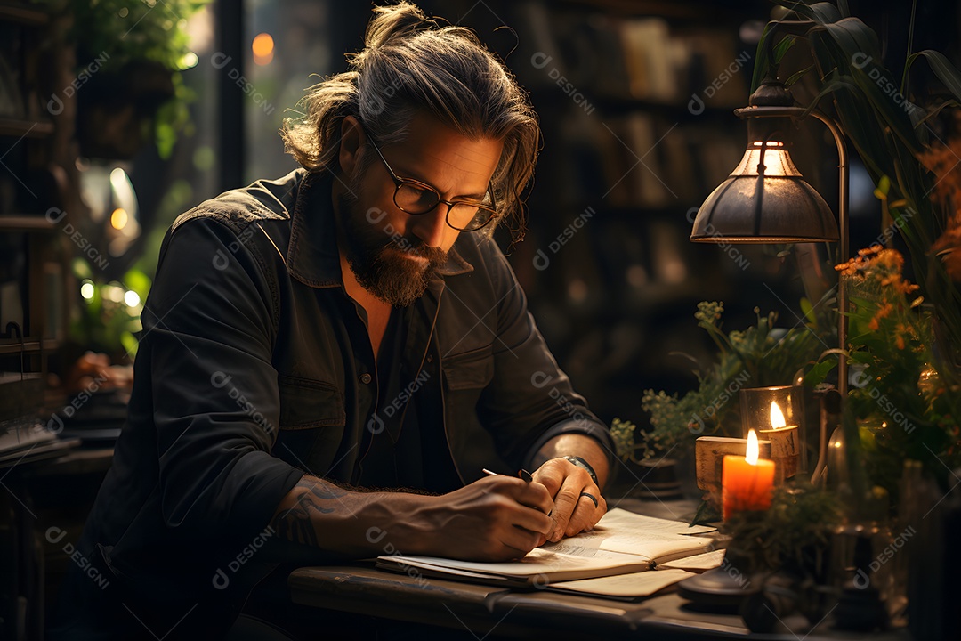 Homem escritor sentado usando computador