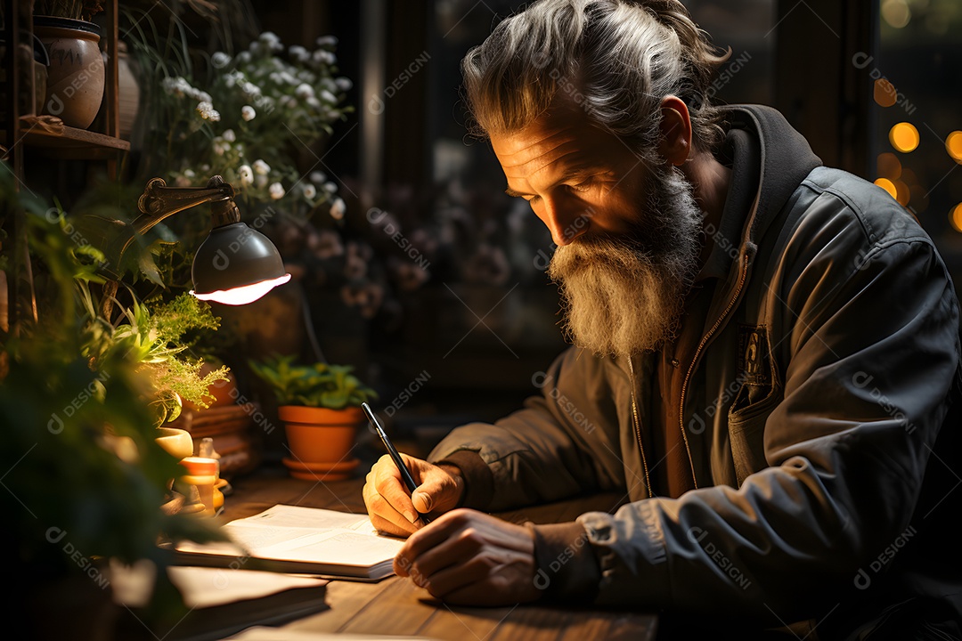 Homem escritor escrevendo em papeis