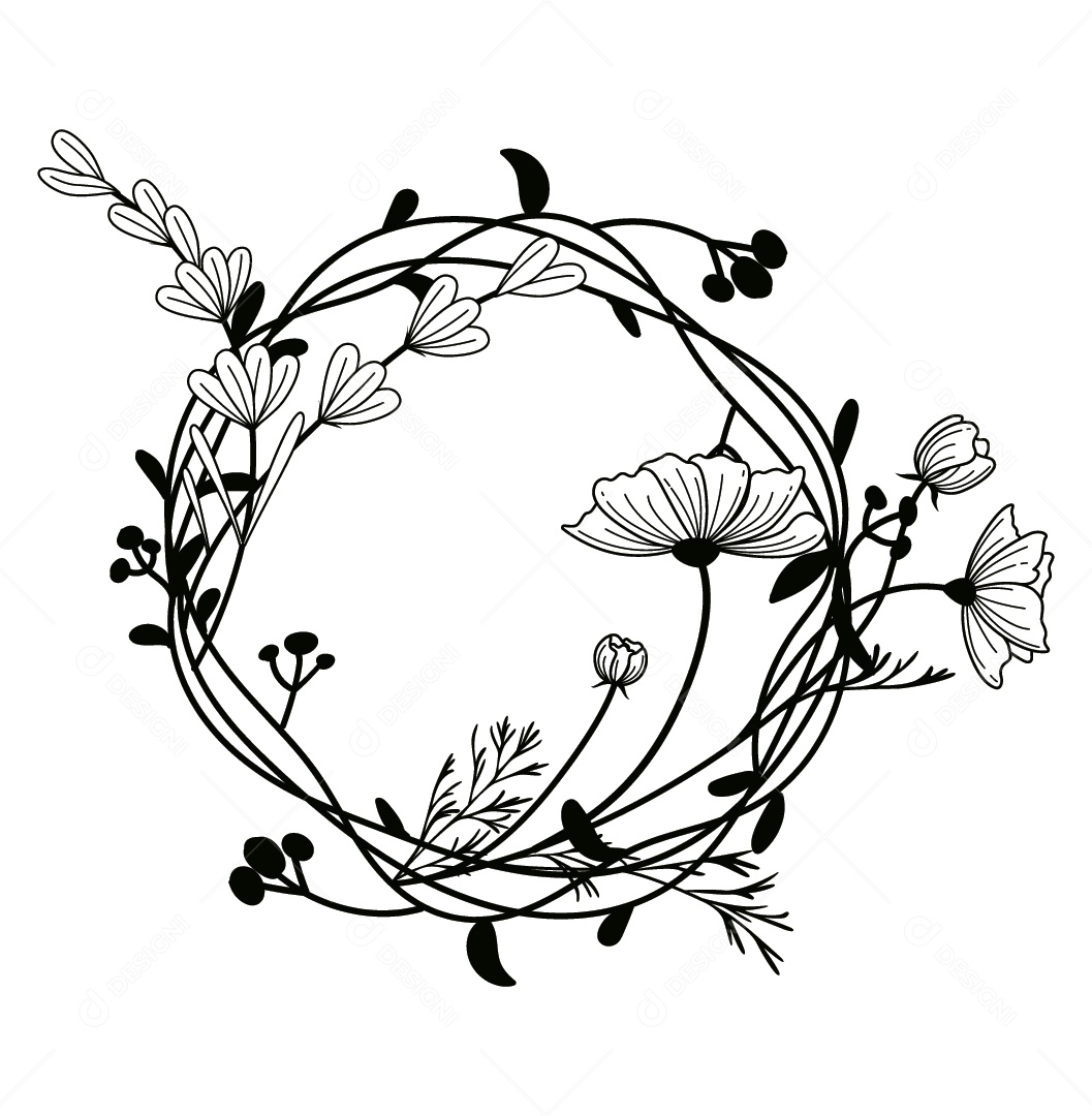 Quadro Floral Preto e Branco Ilustração Vetor EPS