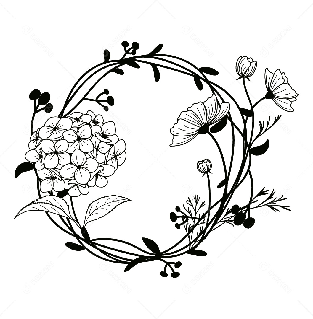 Quadro Floral Preto e Branco Ilustração Vetor EPS