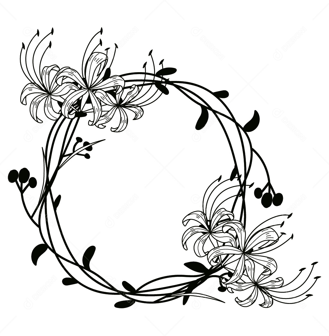 Quadro Floral Preto e Branco Ilustração Vetor EPS