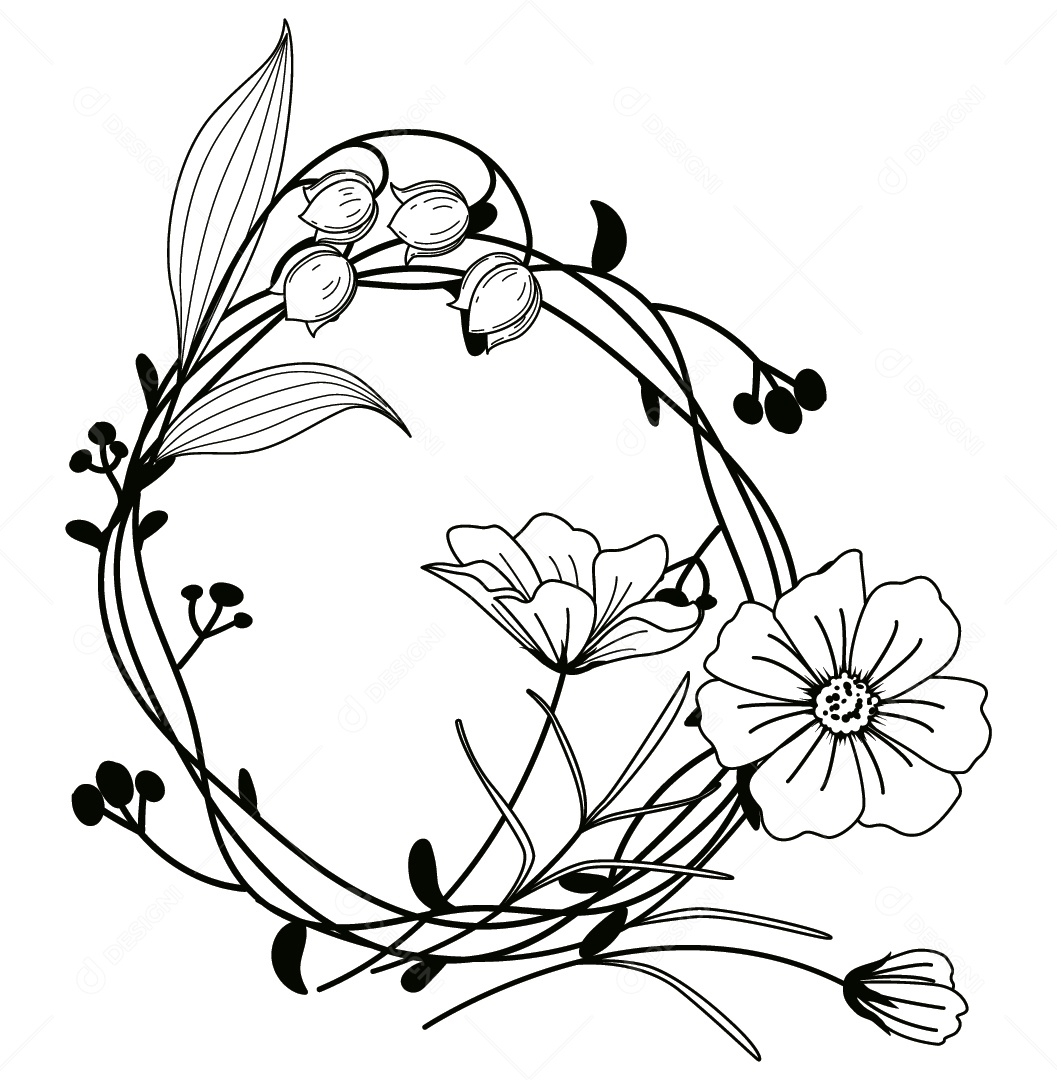 Quadro Floral Preto e Branco Ilustração Vetor EPS