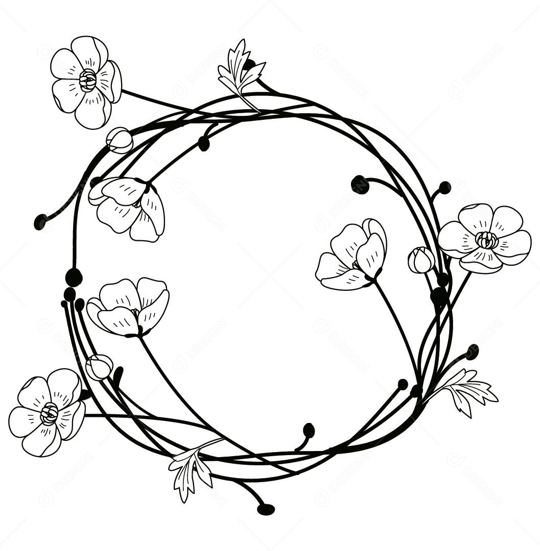 Quadro Floral Preto e Branco Ilustração Vetor EPS