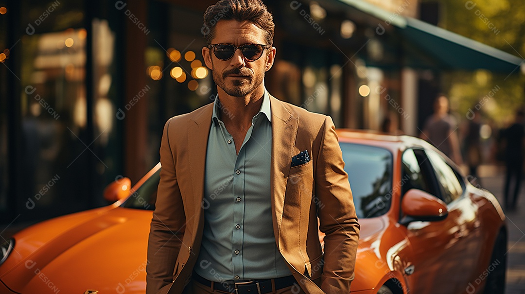 Homem de negócios em terno sob medida sorrindo usando óculos escuro