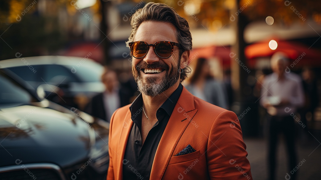 Homem de negócios em terno sob medida sorrindo usando óculos escuro