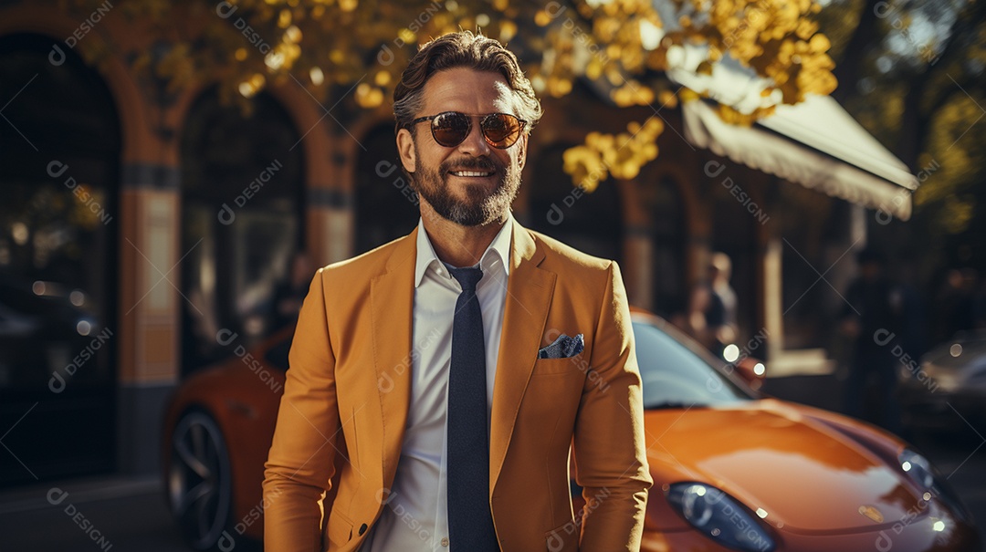 Homem de negócios em terno sob medida sorrindo usando óculos escuro