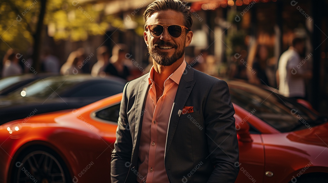 Homem de negócios em terno sob medida sorrindo usando óculos escuro