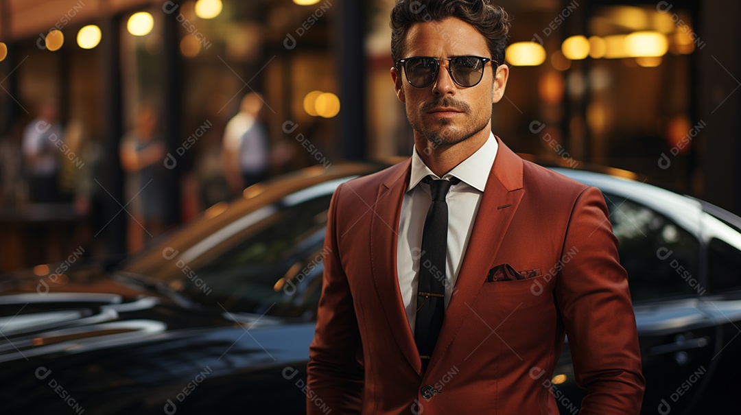 Homem de negócios em terno sob medida sorrindo usando óculos escuro