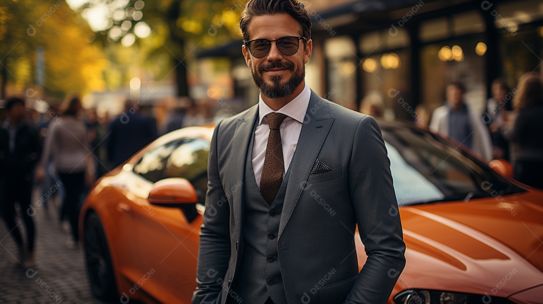 Homem de negócios em terno sob medida sorrindo usando óculos escuro