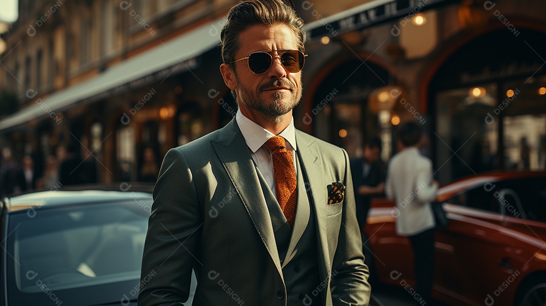 Homem de negócios em terno sob medida sorrindo usando óculos escuro