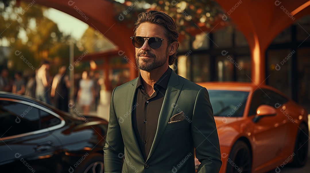 Homem de negócios em terno sob medida sorrindo usando óculos escuro