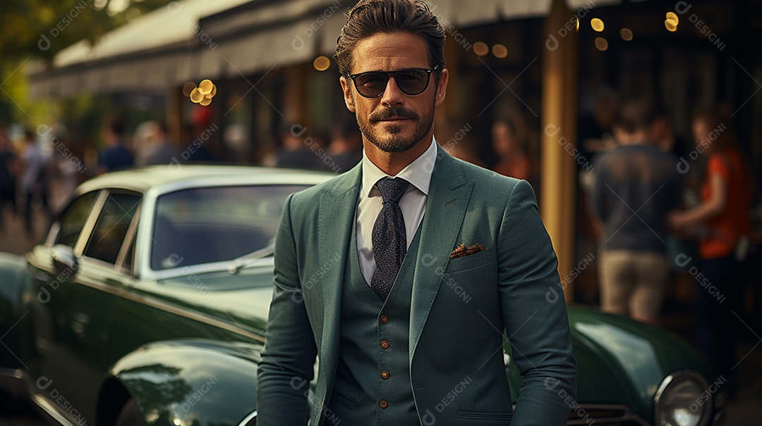 Homem de negócios em terno sob medida sorrindo usando óculos escuro