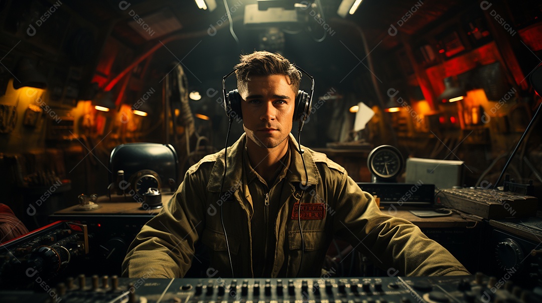 Homem radialista sentado na estação de rádio cinematográfica