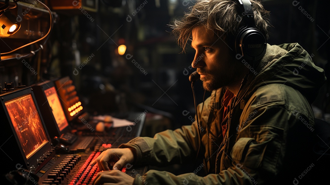 Homem radialista sentado na estação de rádio cinematográfica