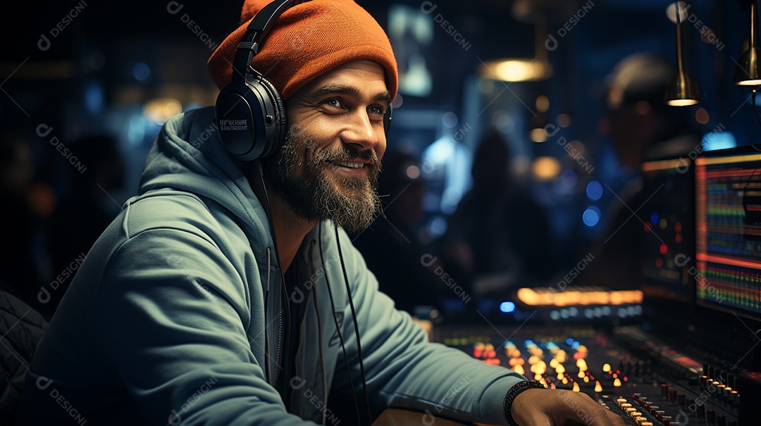 Homem radialista sentado na estação de rádio cinematográfica