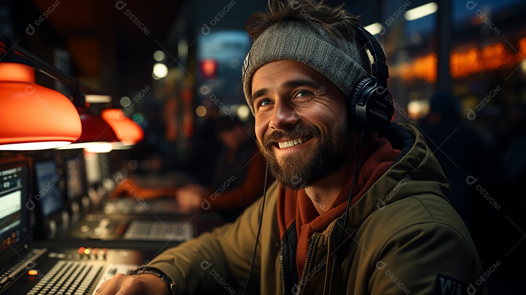 Homem radialista sentado na estação de rádio cinematográfica