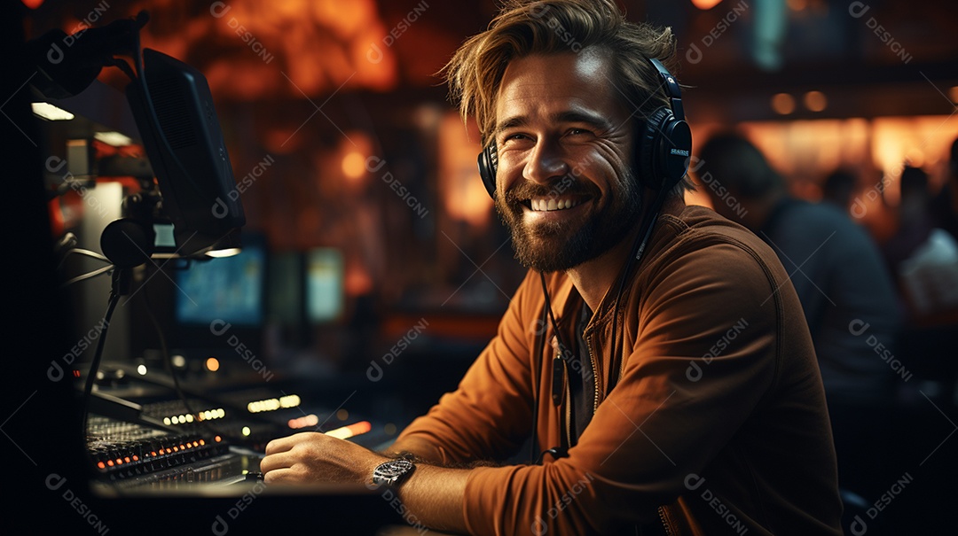 Homem radialista sentado na estação de rádio cinematográfica