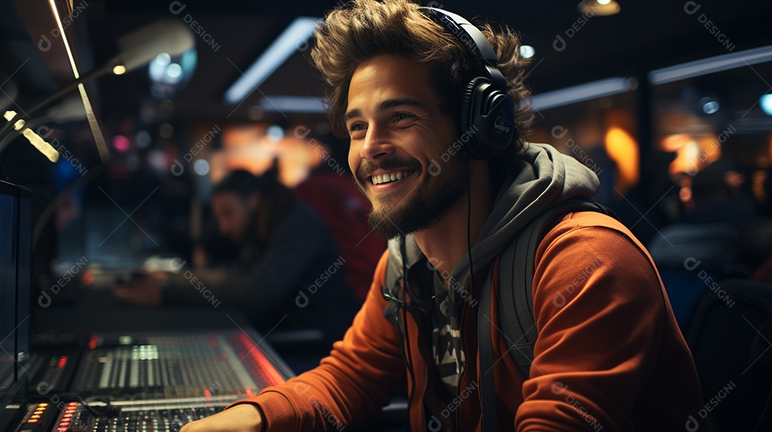 Homem radialista sentado na estação de rádio cinematográfica