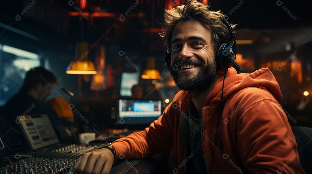 Homem radialista sentado na estação de rádio cinematográfica