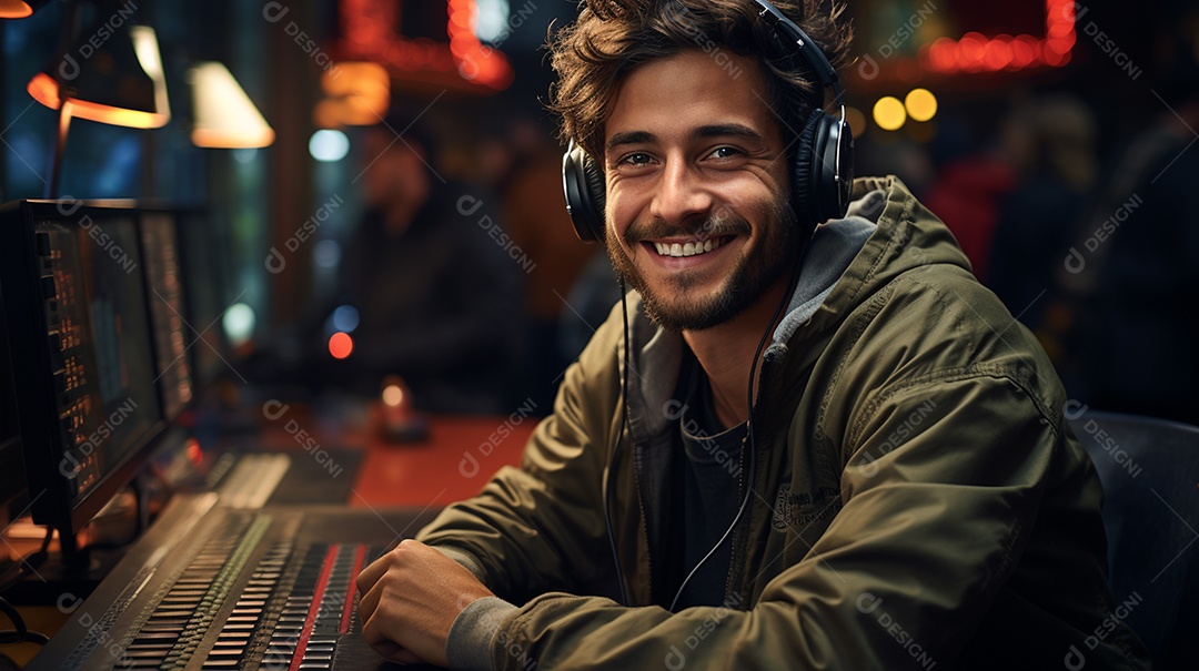 Homem radialista sentado na estação de rádio cinematográfica