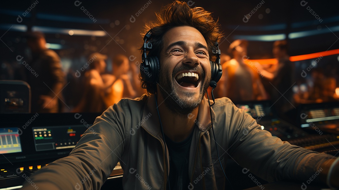 Homem radialista sentado na estação de rádio cinematográfica