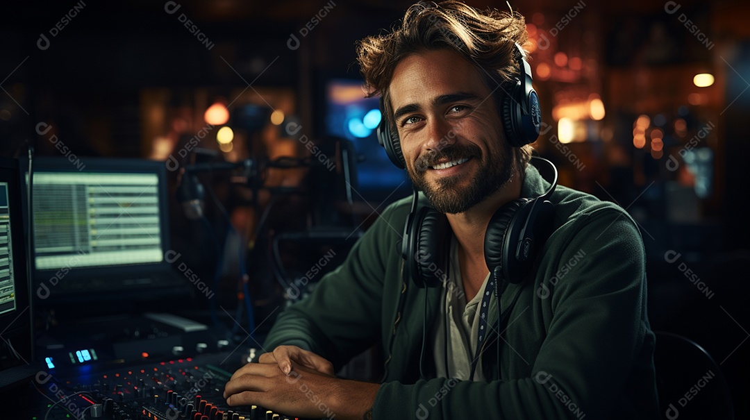 Homem radialista sentado na estação de rádio cinematográfica