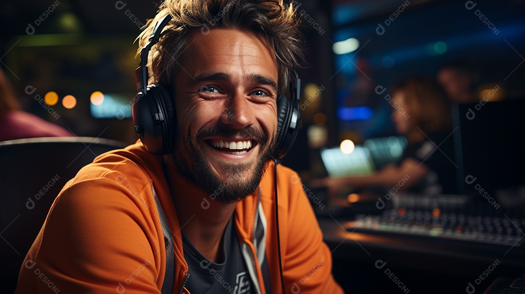 Homem radialista sentado na estação de rádio cinematográfica