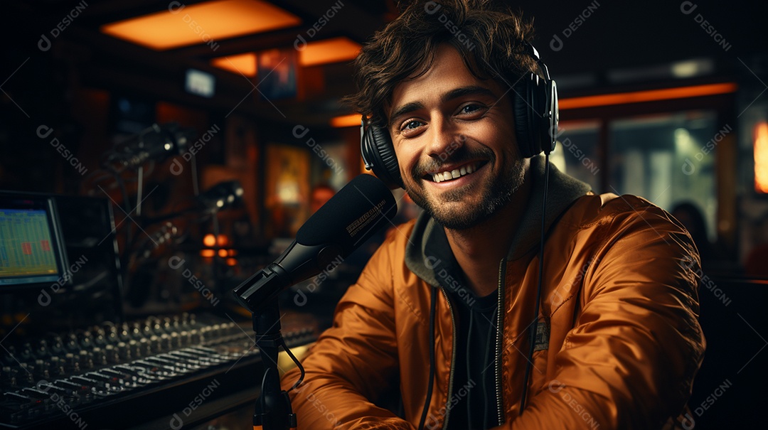 Homem radialista sentado na estação de rádio cinematográfica