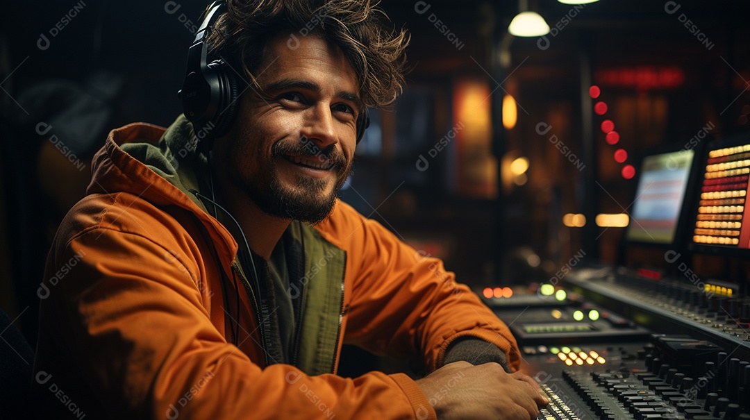 Homem radialista sentado na estação de rádio cinematográfica