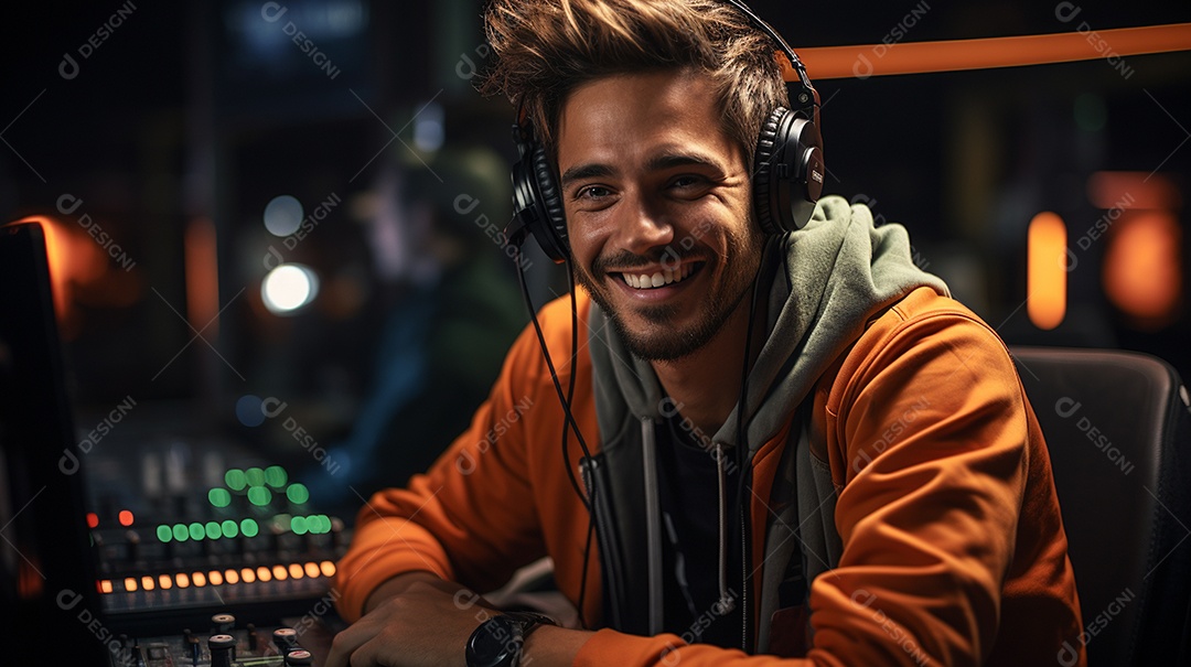 Homem radialista sentado na estação de rádio cinematográfica